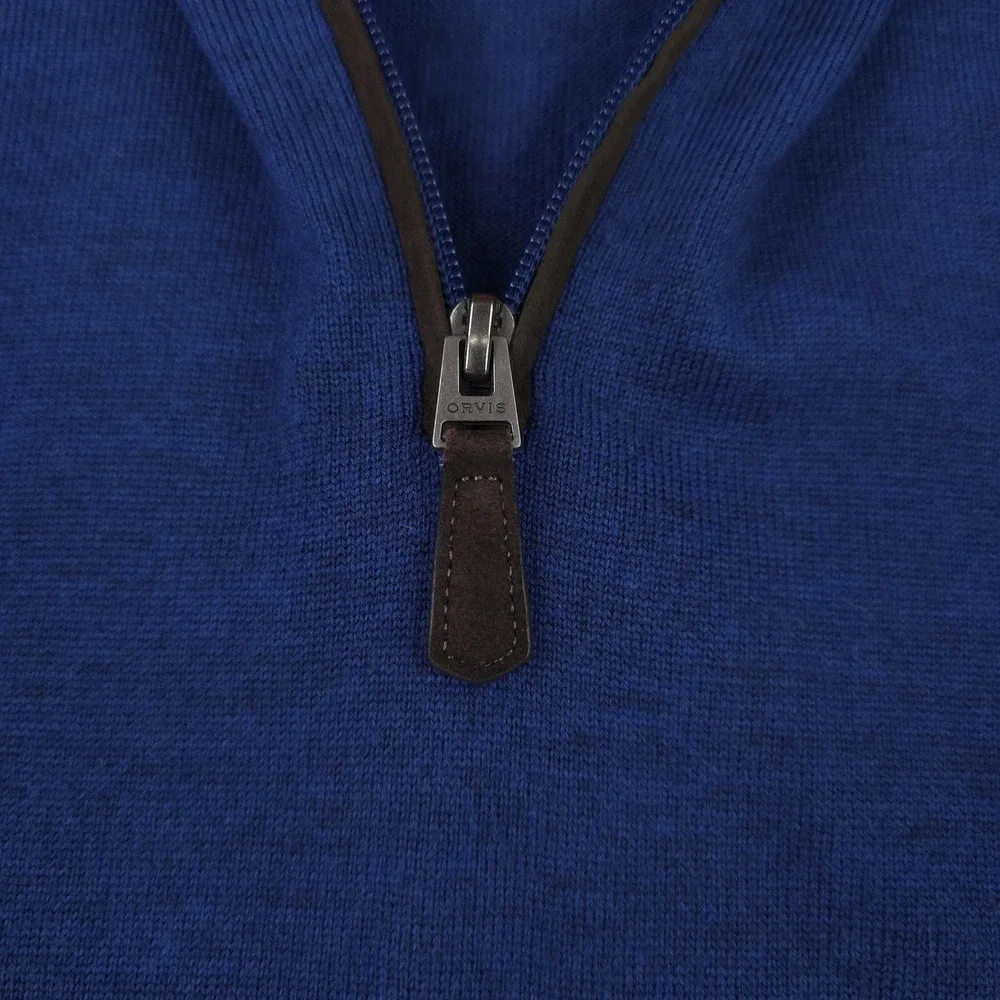 Orvis Sweater Mens Medium Blue 1/4 Zip Mock Neck 100% Merino Wool Knit Pullover
